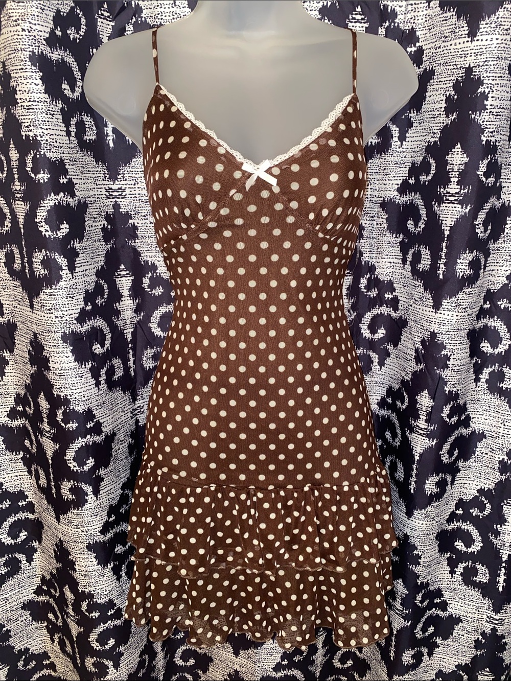 Brown Polka Dot Spaghetti Strap Mini Dress with Ruffle Hem
